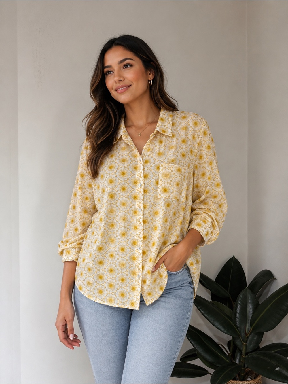 J.Jill Yellow Floral Embroidered Button-Up Cotton Blouse XL